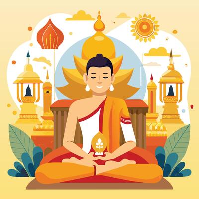 a buddha is sitting in a lotus position with a lot of buildings in the background
