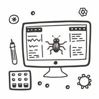 Hand Drawn Computer Bug Illustration with Coding Elements and Tools vector
