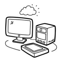 Hand Drawn Computer Setup with Cloud and Scanner vector