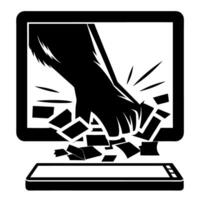 hand breaking computer screen as debris fly concept of cyberattack, malware, antivirus security vector