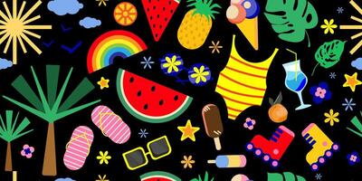 Vibrant summer seamless pattern with tropical fruits, swimsuit, ice cream, colorful beach icons, ideal for summer party invitations, textile prints, wrapping paper, web, packaging,wallpapers. vector