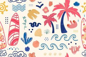 Seamless pattern with tropical elements with palm trees, surfboards, waves, birds, seashells, for textile design, beachwear prints, wallpapers, wrapping, summer digital backgrounds. illustration vector