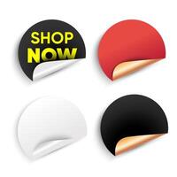 Realistic round promotional stickers set with curled corners in black, red, and white designs ,bold shop now label. ideal for online stores, marketing banners,web, product packaging,advertising. vector