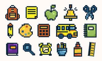 Pixel Art School Icon Set for Education Design.8-Bit Back to School Icons Collection with school supplies including backpack, notebook, pencil, apple, calculator, school bus, and alarm clock vector