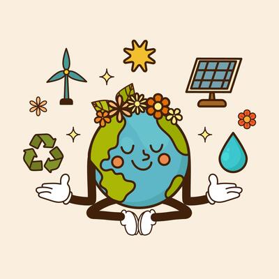 Groovy Style Earth character meditating surrounded by eco friendly symbols solar panel, wind turbine, recycling sign, sun and water drop,for Earth Day, retro environmental posters, sustainable .