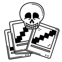 Skull with playing cards spooky game elements, digital art illustration vector