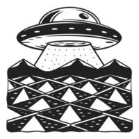 Ufo hovering over pyramids and mountains extraterrestrial visit illustration vector