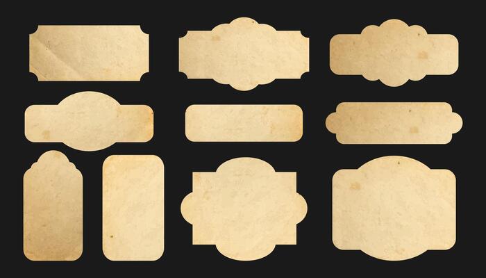 Vintage paper label set with aged textures and decorative frames, ideal for packaging design, product labels, scrapbooking, invitations, retro branding projects. Blank Retro Tags. illustration