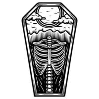 skull and spine inside coffin illustration with sun and clouds gothic skeletal art, intricate black and white ink drawing vector