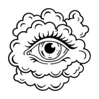 Mystical eye surrounded by swirling clouds, abstract imagination concept in black and white vector