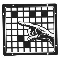 Pointing hand with crossword puzzle grid, monochrome illustration symbolizing direction and problem solving vector