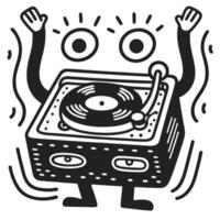 dj turntable character dancing with raised arms and music notes vector