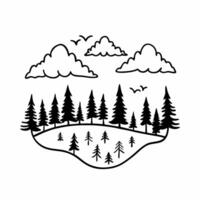 Minimalist Black and White Forest Landscape with Trees and Clouds vector