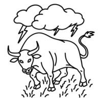 Charging bull with thunderclouds and lightning, symbolizing strength and storm vector