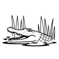 Crocodile in water with grass, monochrome illustration of a reptile head, wild nature vector