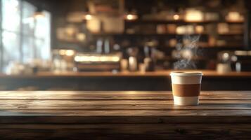 Cup of coffee placed on a rustic wooden table with natural lighting and a cozy atmosphere photo