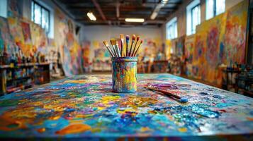 Paintbrush and paint can on a table in an art studio setting photo