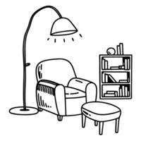 Cozy reading nook with armchair, floor lamp, bookshelf and stool vector