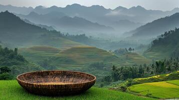 A woven basket placed on green grass in a sunny outdoor setting during a bright day photo