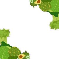 Fresh green veggies square frame in corner. flat composition. Banner, poster, wrapping paper, sticker, print, modern textile design. Eat green vector