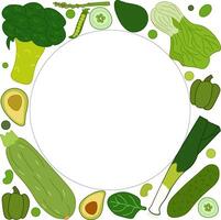Square template with hand drawn green vegetables for text. flat Vegetable tops, veggies stalks For vegan cafe menu. White background. vector