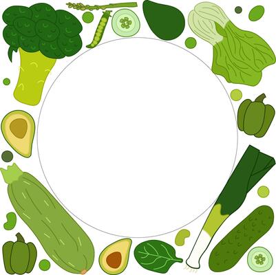 Square template with hand drawn green vegetables for text. flat Vegetable tops, veggies stalks For vegan cafe menu. White background.