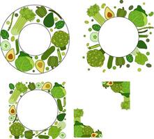 Green vegetables circle round square frame set, boxing, bordering. card template. Text, copy space. flat Spinach, Dandelion, broccoli, Collard for cooking bakery labels textile tags vector