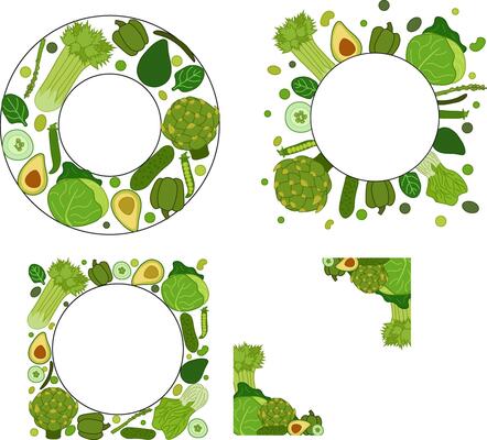 Green vegetables circle round square frame set, boxing, bordering. card template. Text, copy space. flat Spinach, Dandelion, broccoli, Collard for cooking bakery labels textile tags