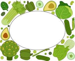 Green vegetables oval frame in rectangle. flat template for text. Healthy vegetarian food. Banner, poster, wrapping paper, sticker, print, modern textile design. Eat green vector