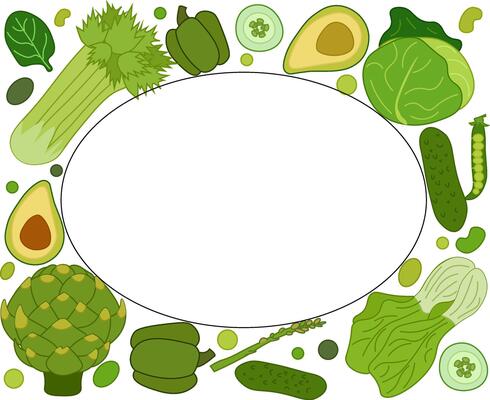 Green vegetables oval frame in rectangle. flat template for text. Healthy vegetarian food. Banner, poster, wrapping paper, sticker, print, modern textile design. Eat green