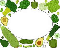 Oval template in rectangle with hand drawn green vegetables for text. flat Vegetable tops, veggies stalks For vegan cafe menu. White background. vector