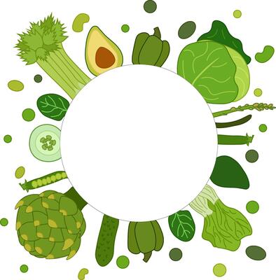 Green vegetables circle round frame, boxing, bordering. card template. Text, copy space. flat Spinach, Dandelion, broccoli, Romaine Lettuce, kale Collard for cooking bakery labels textile tags