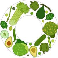 Green vegetables circle Round frame. flat label, text, copy space. farm fresh Spinach, avocado, pepper, cucumber. Can be used for cooking, bakery, tags labels textile cards icons web vector