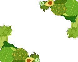 Fresh green veggies rectangle frame in corner. flat composition. Banner, poster, wrapping paper, sticker, print, modern textile design. Eat green vector
