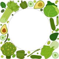Green vegetables circle frame in square. flat template for text. Healthy vegetarian food. Banner, poster, wrapping paper, sticker, print, modern textile design. Eat green vector