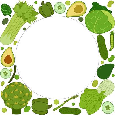 Green vegetables circle frame in square. flat template for text. Healthy vegetarian food. Banner, poster, wrapping paper, sticker, print, modern textile design. Eat green
