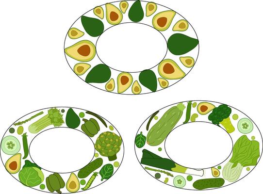 Oval template set with hand drawn green vegetables for text. flat Vegetable tops, veggies stalks. art for food design, recipe, cook book, packages, menu, food ads and decor Eat green