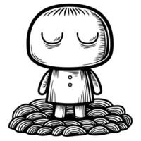 minimalist character illustration on patterned cloud, serene expression in black and white line art vector