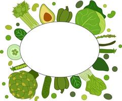 Green vegetables oval frame. flat label, text, copy space. farm fresh Spinach, avocado, pepper, cucumber. Can be used for cooking, bakery, tags labels textile cards icons web vector