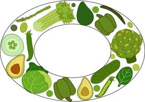 Green vegetables oval frame, boxing, bordering. card template. Text, copy space. flat Spinach, Dandelion, broccoli, Romaine Lettuce, kale Collard for cooking bakery labels textile tags vector