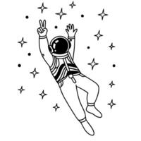 astronaut in space, peace sign cosmic stars, floating in zero gravity, black and white illustration vector