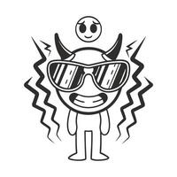 Cool devil character with sunglasses and horns, smiling face emoji above fun, whimsical illustration vector