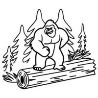 sasquatch standing on log, pine trees background mythical creature in forest setting vector
