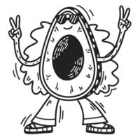 Groovy avocado character with peace signs and sunglasses, retro vibes vector
