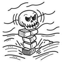 grinning skull atop stacked rocks wavy lines background eerie, spooky doodle art illustration vector