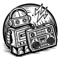 retro robot with boombox vintage tech, music vibes, black and white illustration vector