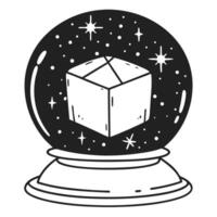 Mystical cube in snow globe, surreal black and white stars universe vector