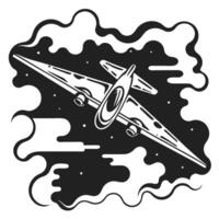 Stylized airplane soaring through night sky with clouds and stars vector