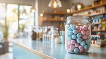 A jar filled with colorful candy displayed on a kitchen counter in a bright and inviting setting photo