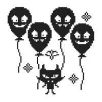 Pixel art cat with smiling balloons, monochrome whimsical retro design vector